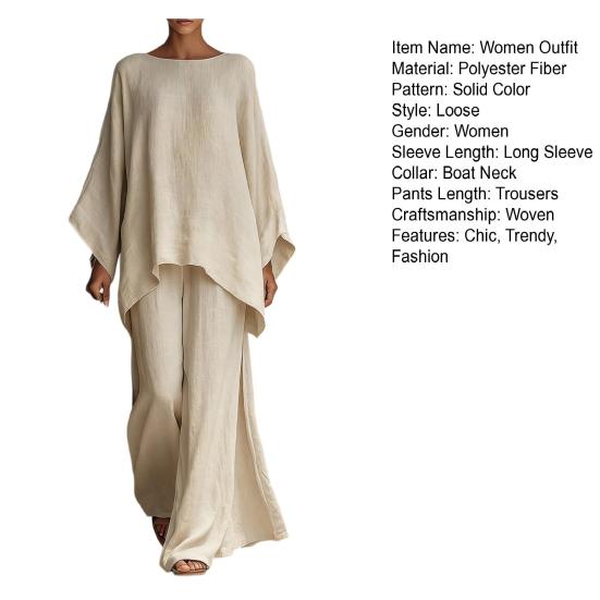 Completi da Salotto Estivi da Donna a Due Pezzi con Top Batwing a Manica Lunga Scollo a Barca e Pantaloni a Gamba Larga