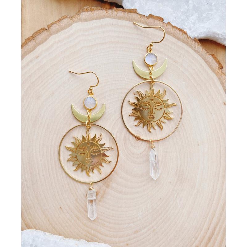 Bohemian Golden Gemstone Sun Charm Earrings