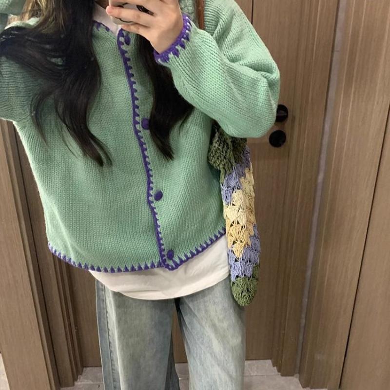 Korean Style Gentle Style Color Block Long Sleeve Knitted Sweater Women's Autumn Sweet Cardigan Top