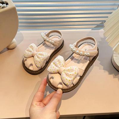 Neue Kindersandalen Mädchen Sommer Elegant Perlen Schleife Prinzessin Kleid Flache Sandalen Ausgeschnitten Mode Kinder Freizeit Strand Sandalen