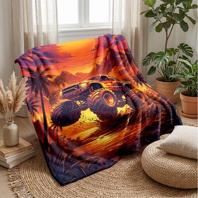 Sunset Monster Truck Adventure Theme Blanket Lightweight Warm Flannel Blanket Decorative Throw Blanket for Home Decoration