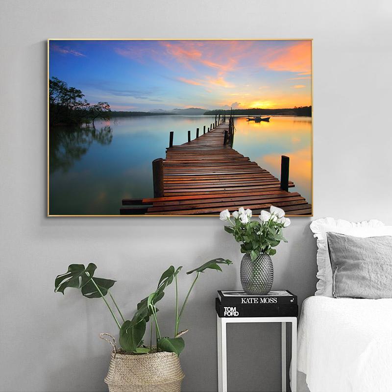 Bridge Sunset Seascape Wall Art Mountain Canvas Painting Posters and Prints Modern Wall Art Picture for Living Room Decor