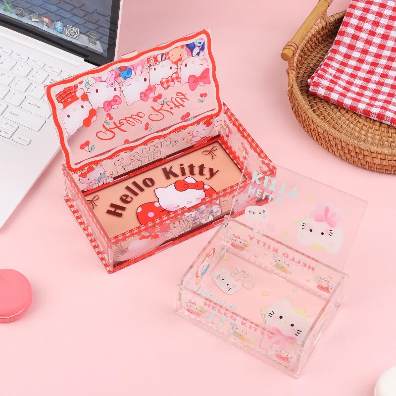 Hello Kitty Storage Box Cute Acrylic Flip Desktop Storage Box Dust-Proof Ornaments Removable Home Decora