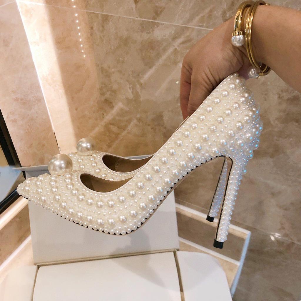 Luxury All perals Decoration White Women Pumps Spring Autumn Elegant 11CM Thin High heels Wedding Bridal Prom Shoes