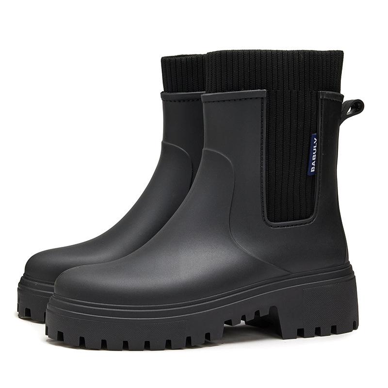 Rain Boots Women's Four Seasons Fashion Outdoor Mid-tube Waterproof Non-slip Rubber Shoes Fashion Rain Boots with Cotton Cover