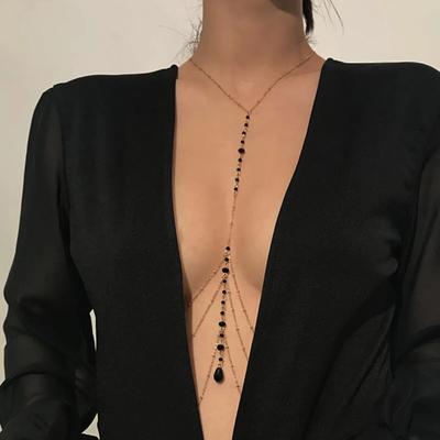 New Women Sexy Fashion Black Bead Chest Chain Body Jewelry Trend Punk Metal Tassel Waist Belly Chain Strap Decorate Street Style
