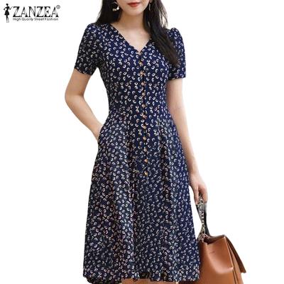 Vestido Casual Feminino de Verão com Decote em V e Manga Curta Estampado