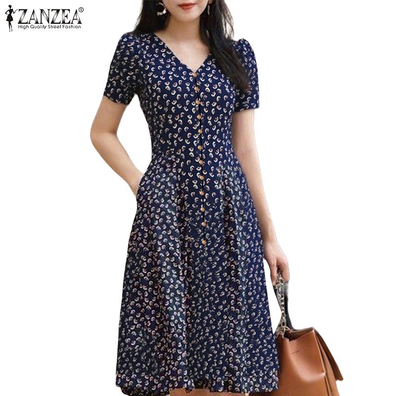 

ZANZEA Women Casual V-Neck Summer Short Sleeve Print Dress S темно-синий