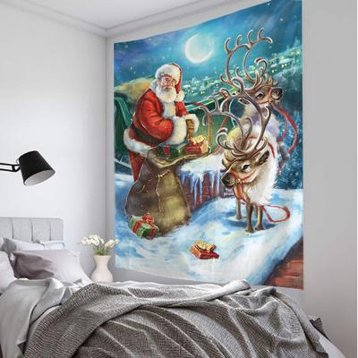 Christmas Decoration Tapestry Santa Claus Gift, Home Wall Decoration, Elk, Fireplace, Snow View, Night, Bohemian Tapestry