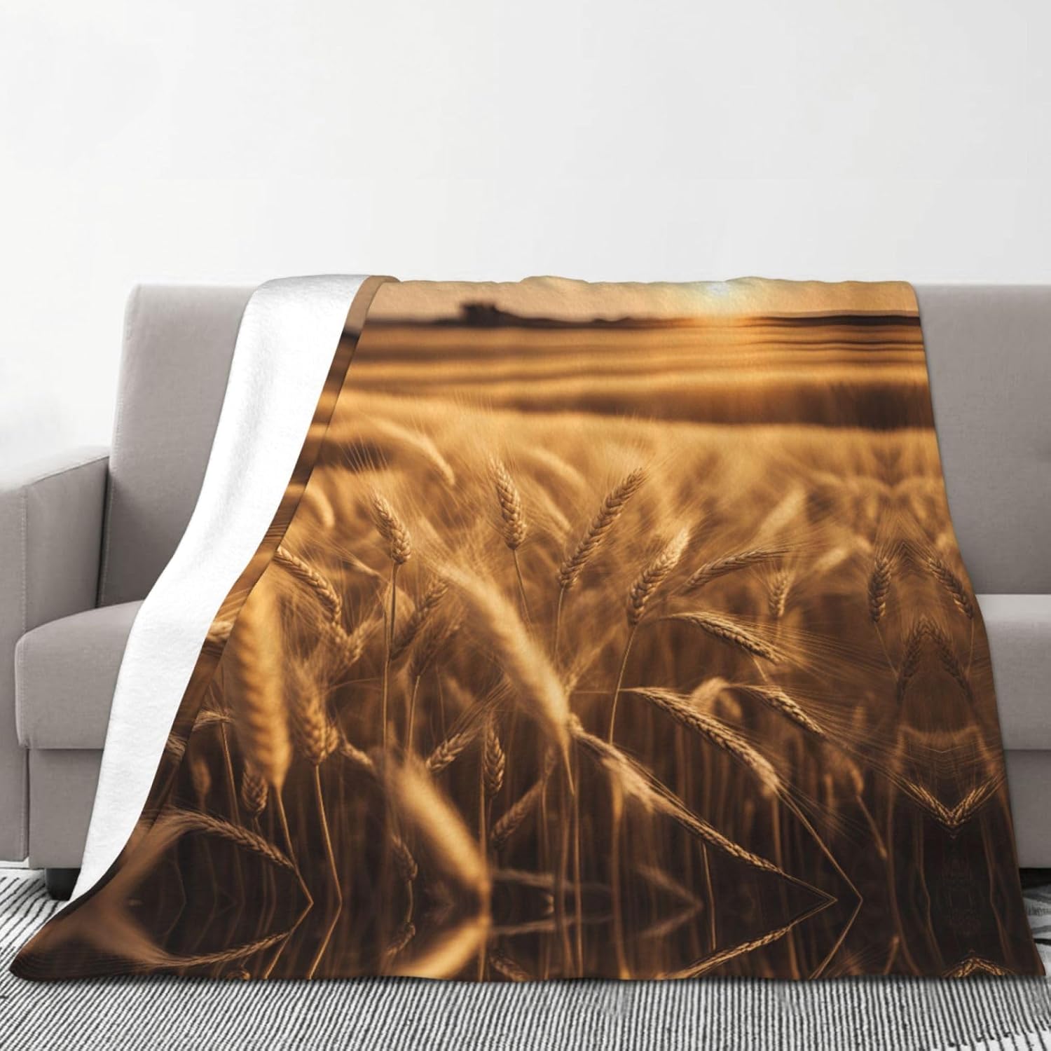 

Rustic Wheat Field Fleece Throw Blanket, Soft Cozy Countryside Scene Flannel Blanket for Sofa Camping Trips Office Nap Blanket 75x90cm