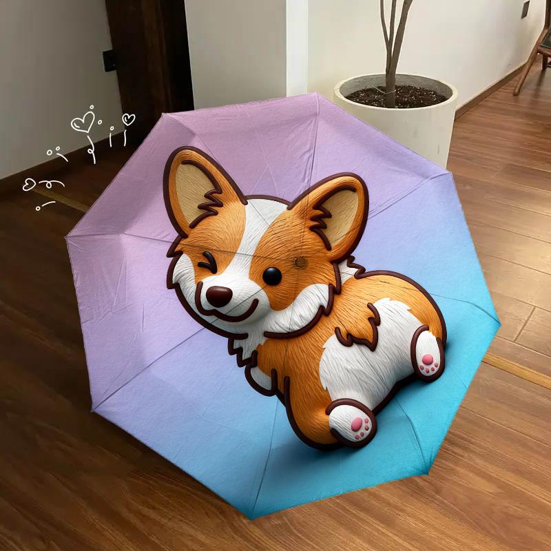 1 Stück Corgi Süßer Automatischer Faltregenschirm, Robuster 8-Rippen-Eisenrahmen, Geeignet für Reisen, Täglichen Gebrauch, Geburtstag, Dekorationsgeschenk 40