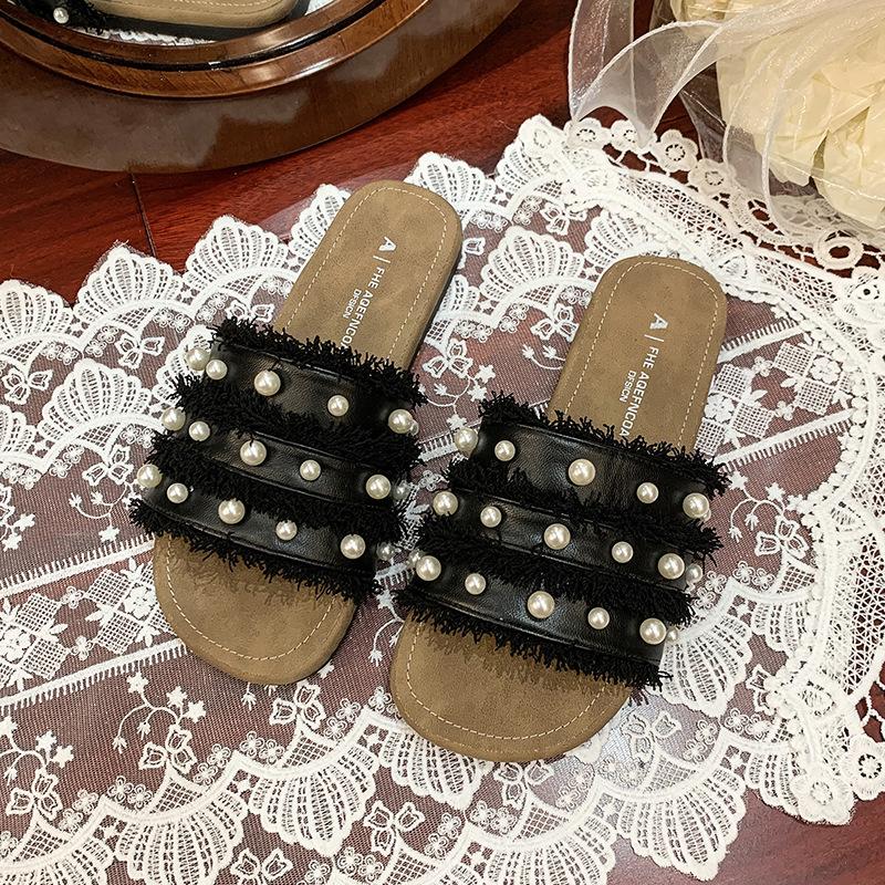 French Fairy Style Pearl Cool Slippers Female Outer Wear Spring and Summer New Flat Lazy One Pedal Beach Sandals