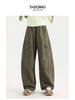 Tao Town Girls' Army Green Denim Scimitar Wide-Leg Cargo Pants - Spring/Autumn Casual Long Pants for Older Children
