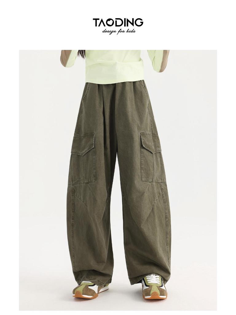 Tao Town Girls' Army Green Denim Scimitar Wide-Leg Cargo Pants - Spring/Autumn Casual Long Pants for Older Children