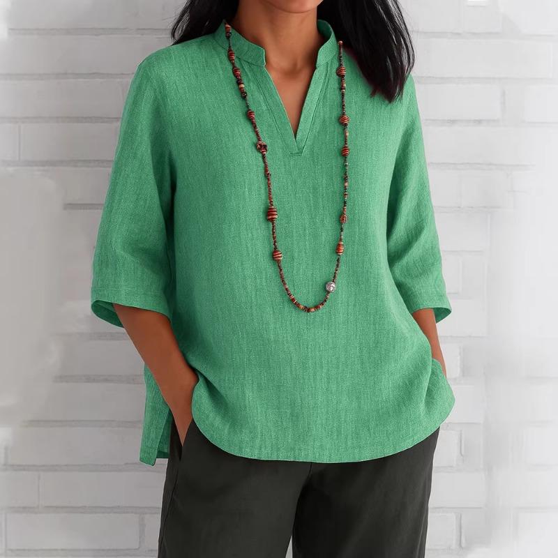 blue linen blend stand collar split neck three quarter sleeve blouse for women
