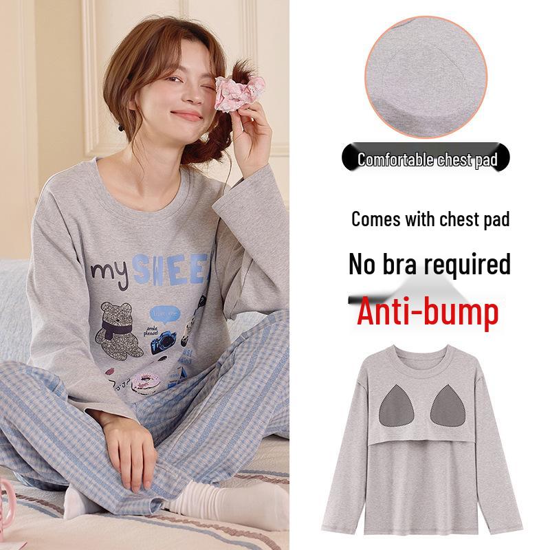 Piżama damska z długim rękawem i nadrukiem w kreskówkowe wzory, z wkładką na klatkę piersiową – uroczy komplet z okrągłym dekoltem do noszenia w domu lub na okrycia wierzchnie wiosną, jesienią i zimą