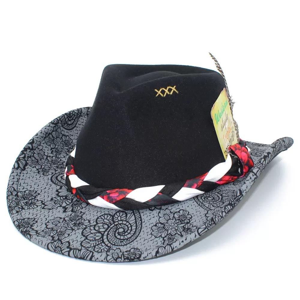 

Cowboy Hat Wool Felt Top Hat Western Peacock Feather Print Jazz Hat Four Seasons Hat M（56-58cm） чорний