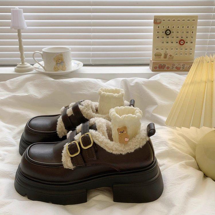 England Style Women's Large Size Padded Thickened Winter Warm Fur One Snow Boots Padded Lining Ankle Boots Non-slip Hiking Sports Cotton Boots