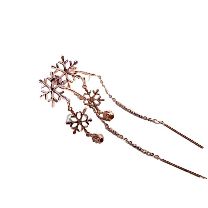 Purple Gold Long Snowflake Bridge Earrings, Simple And Elegant Temperament Rose Gold-Plated Earrings