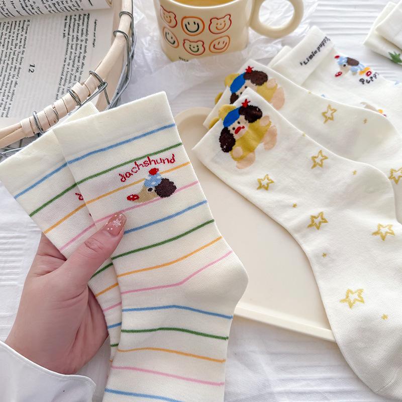 Female Spring and Summer Thin Cute Cartoon Dachshon Dog College Wind Tube Cotton Socks