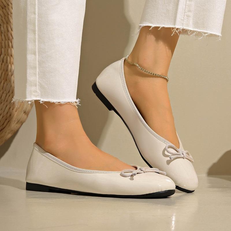 Fashion Simple Flat Single Shoes Women's Fashion Round Toe Light Mouth Patent Leather Bow Slip Soft Sole Non-Slip Low Top Shoes