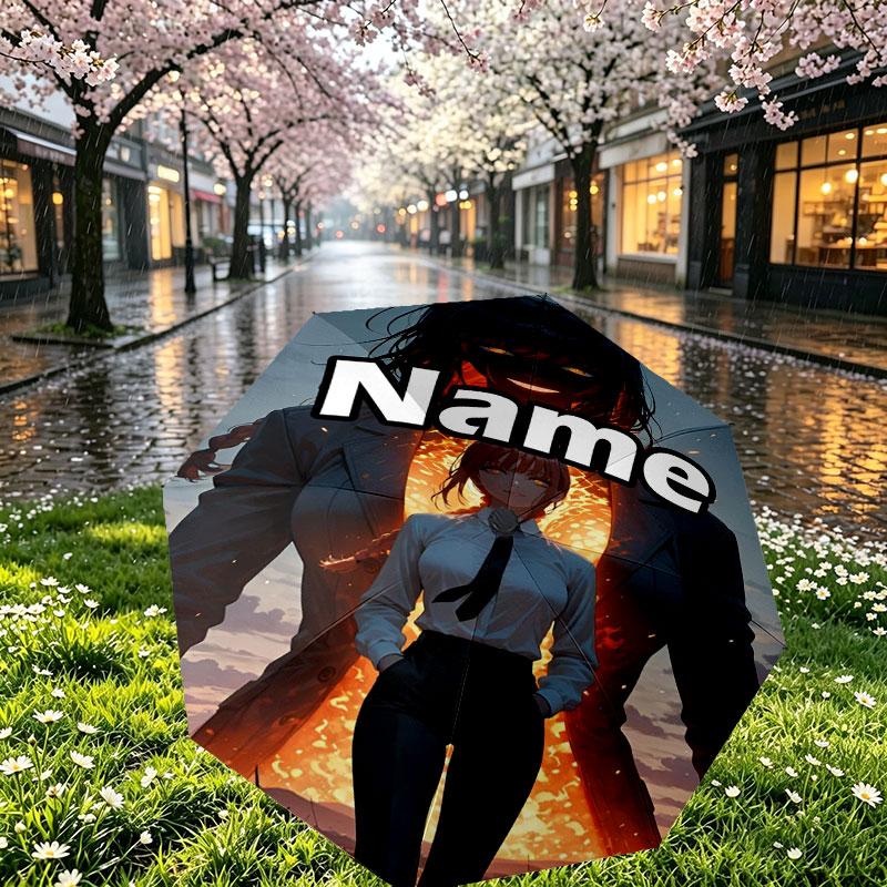 Custom Name Personalized Makima Chainsaw Man Print Umbrella, Auto Open Close, 8‑Rib Sturdy Frame, Commute Camping Hiking Use, Birthday Gift