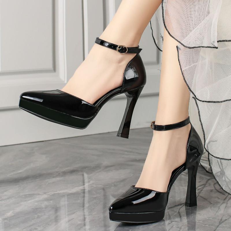 Fashion Sexy High Heel Single Shoes for Women with Buckle Elegant Mary Jane Waterproof Platform Painted Leather Wedding Party Shoes
