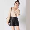 2023 Autumn Black High-Waist Leather Shorts for Women - Slimming, A-Line, Loose-Fit Wide Leg Design
