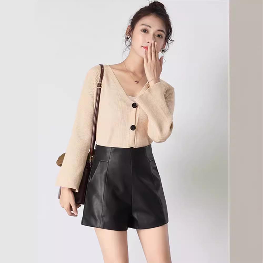 2023 Autumn Black High-Waist Leather Shorts for Women - Slimming, A-Line, Loose-Fit Wide Leg Design