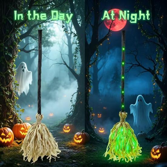 Accesorio de Disfraz de Halloween Escoba de Bruja con Luz LED Verde, Escobilla de Mago Brillante para Cosplay, Atrezo para Fiestas Temáticas, Decoraciones para Interiores y Exteriores