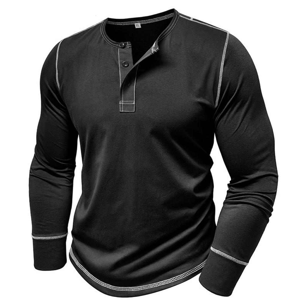 Men's Long Sleeve Shirt Men's Round Neck Button T-Shirt Color Block Top
