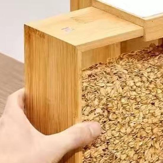 Bambusový dávkovač cereálií s průhledným okénkem, dávkovač potravin s posuvným víkem, nádoba na suché potraviny pro rýži, mouku, těstoviny, snacky, organizace spíže a pracovní desky