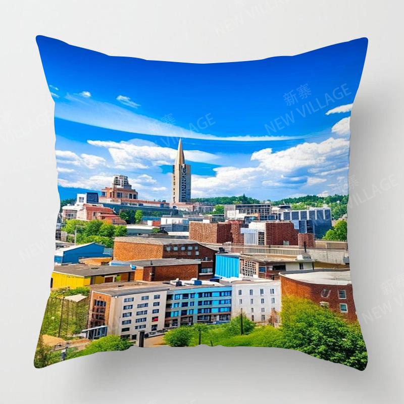 Four Seasons Universal Short Plush Pillow Case Living Room Bedroom Landscape Illustration Architectural Pattern Cushion Cover
