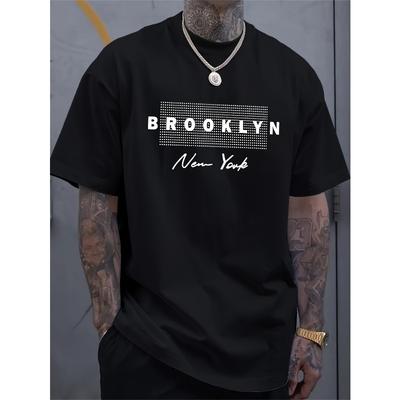 Tailles européennes T-shirt imprimé pour homme - T-shirt décontracté doux à col rond avec texte Brooklyn, Tenue décontractée décontractée