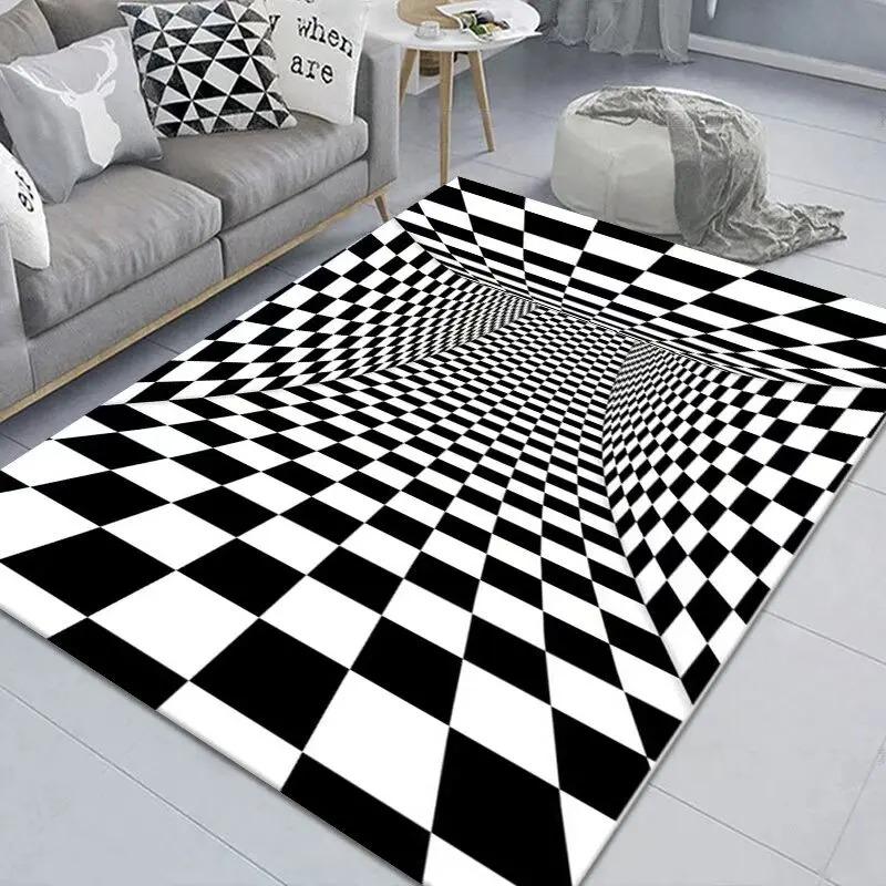 Large Size Carpet 3D Vortex Illusion Black White Rug Abstract Geometric Optical Mat Non-Slip for Bedroom Living Room Decoration