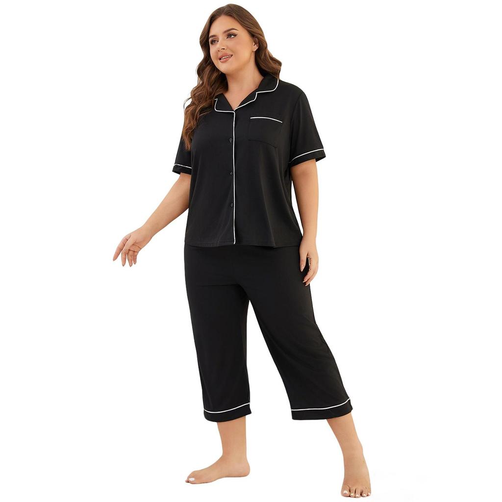 Women’s Sleeping Suits Plus Size Pajamas Lapel Short Sleeves Shirts Cropped Pants 2pcs Sleepwear 1XL to 6XL Comfy Home Wear