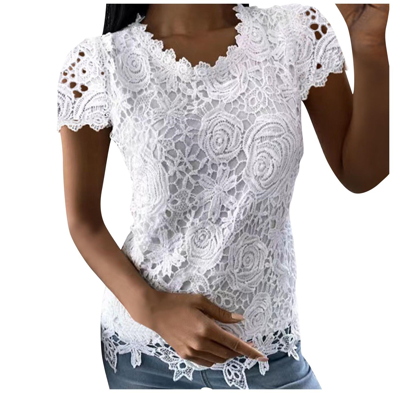 

Women s Color Lace Splicing Short Sleeve Round Neck Tops XL білий