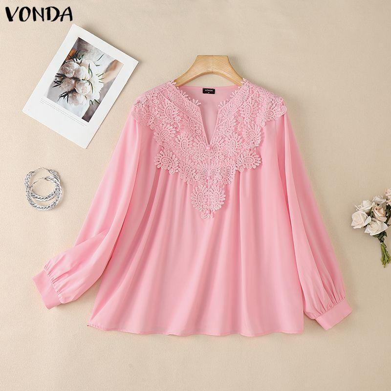 VONDA Summer Women V Neck Crochet Lace Splicing Loose Casual Long Sleeve Blouse S розовый