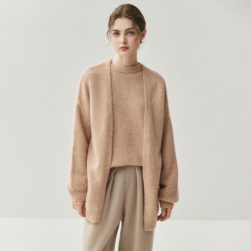 Women's Alpaca Cashmere Blend Collarless Cardigan - Thickened Long Sleeve Sweater for Fall/Winter