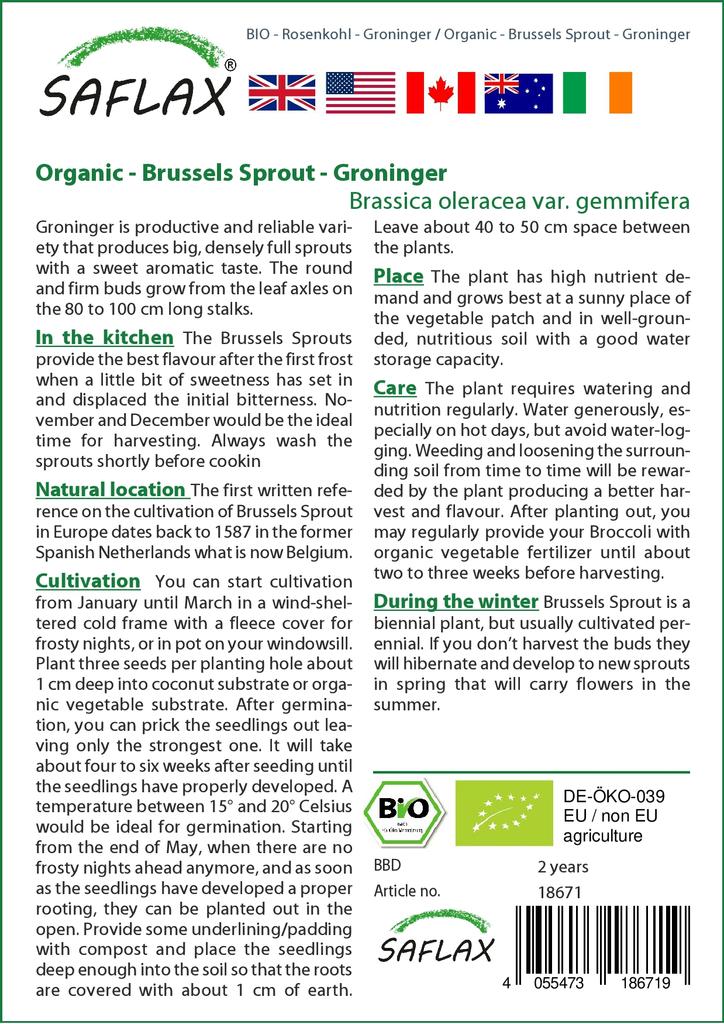 SAFLAX Garden In the Bag - Organic - Brussels Sprout - Groninger - 30 Seeds - With Substrate In a Fitting Stand Up Bag - Brassica Oleracea