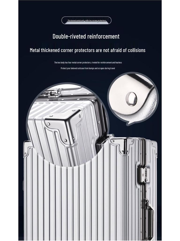 Large Capacity Aluminum Frame Travel Suitcase with Combination Lock, Trolley Wheels, and Durable Design for Men and Women.