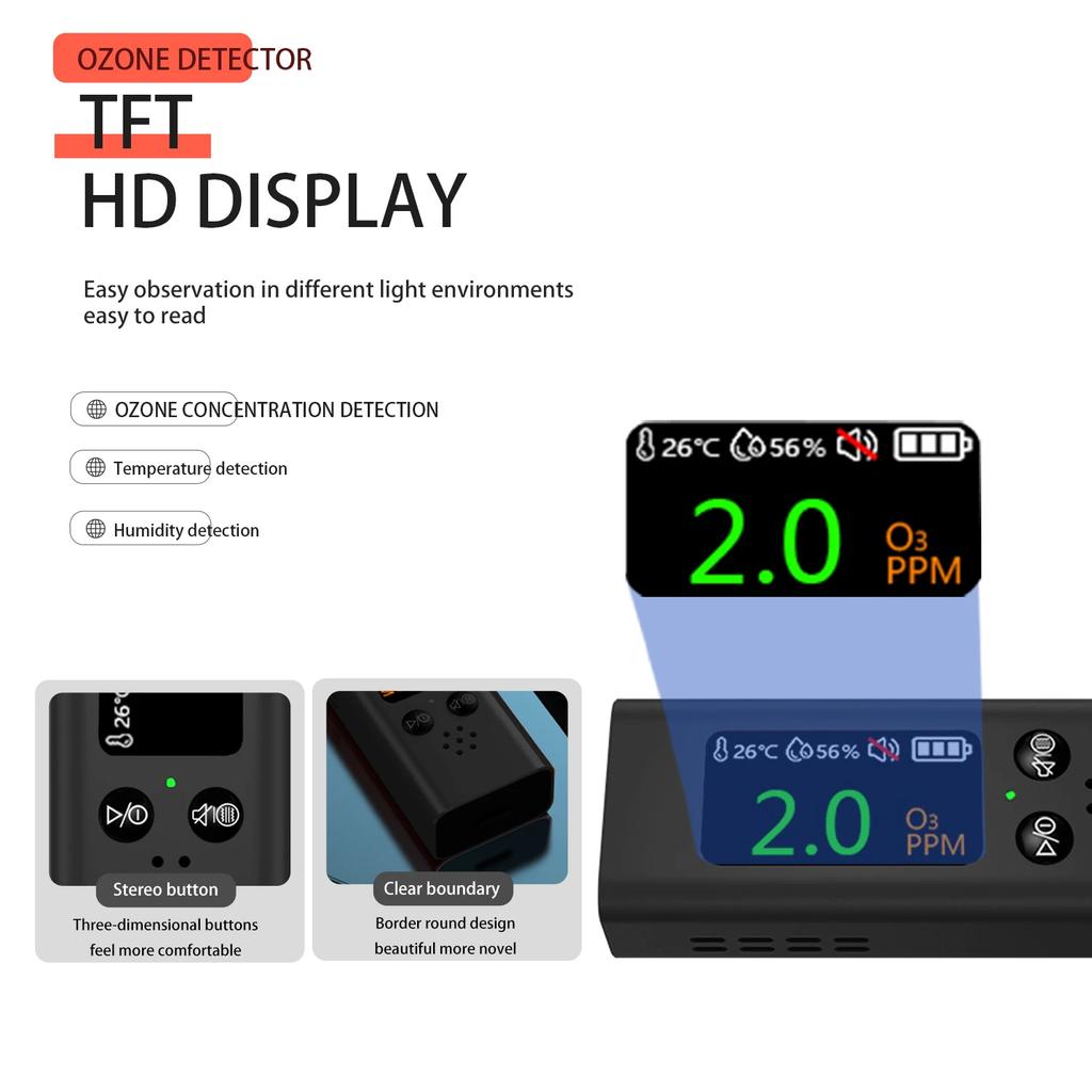 Ozone Gas Detector 3-in-1 Portable O3 Gas/Temperature/Humidity Tester Air Quality Household O3 Gas Monitor USB Charging