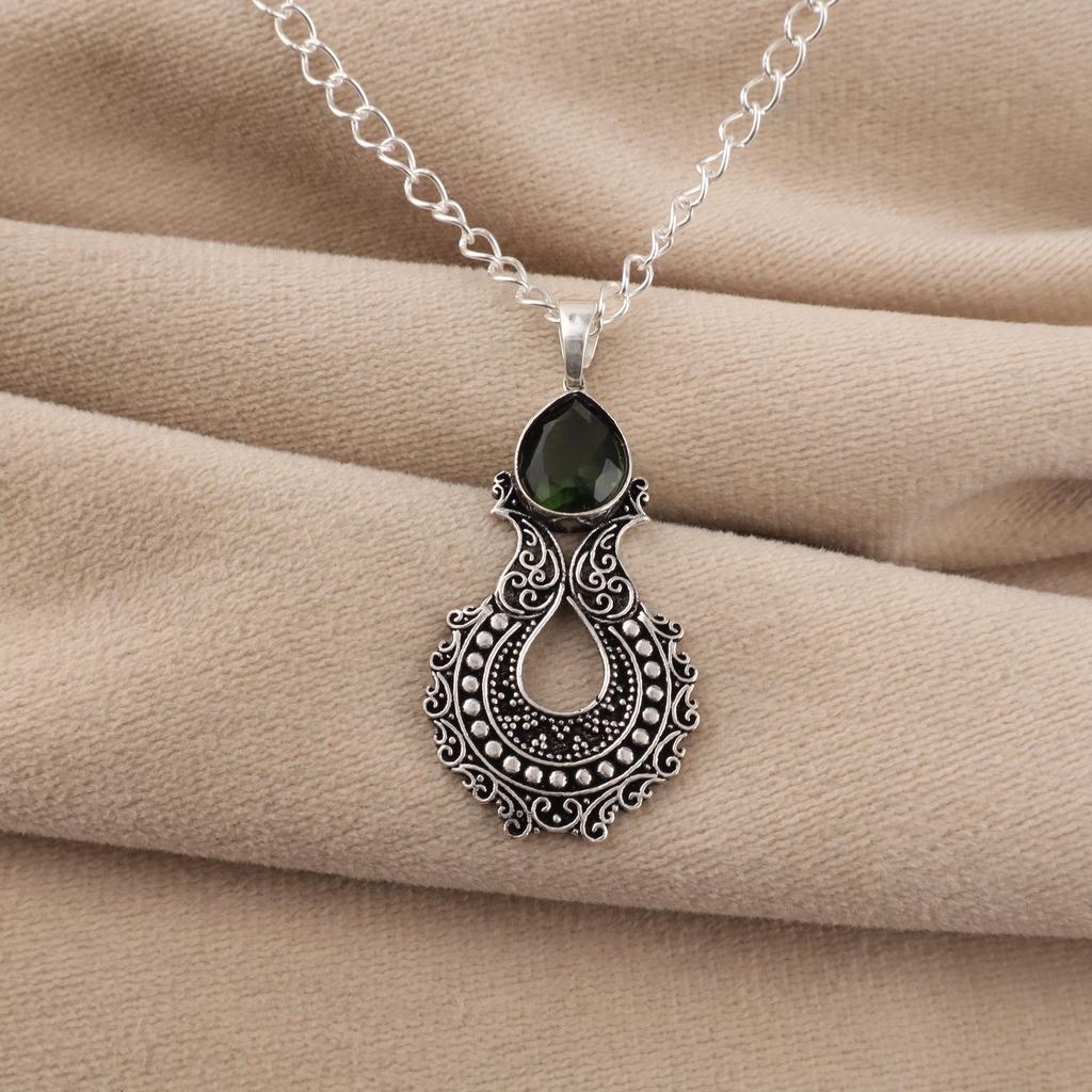Green Tourmaline Gemstone 925 Sterling Silver Women Jewelry Pretty Oxidize Pendant 1.8" CP-45-14