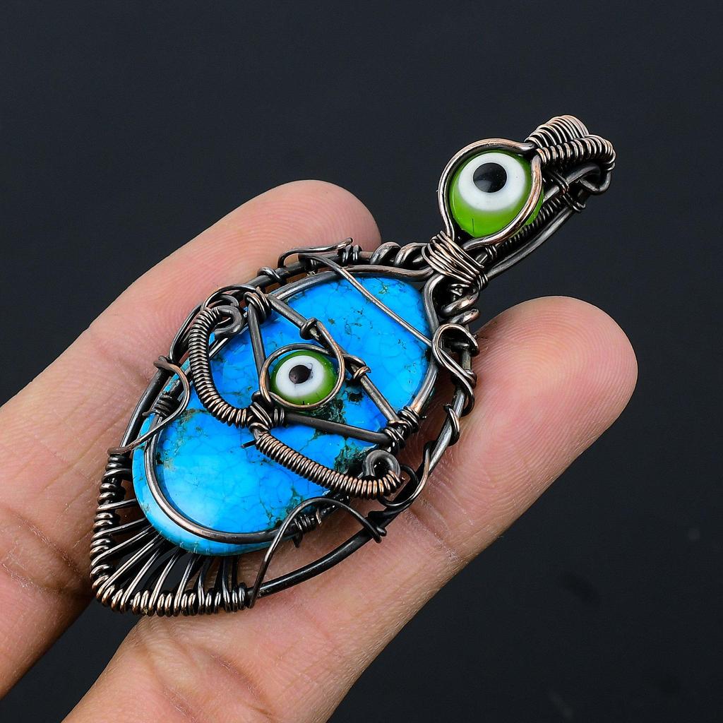Tibetan Turquoise & Green Evil Eye Pendant, 999 Copper Wire Wrapped Gemstone Jewelry, Handmade Pendant, For Thanksgiving