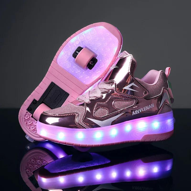 Kluci Dívky Kolečkové boty LED Svítící USB Nabíjení Dětské Kolečkové brusle Ležérní Skateboardingové boty Sportovní boty Dětské Tenisky