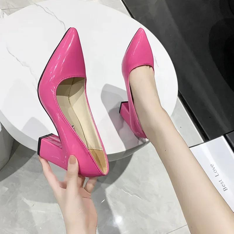 Fashion Patent Leather PU Woman Pumps 10cm Square Heels Sexy Party Pointed Toe Luxury Women's Shoes Super Big Size 35-43
