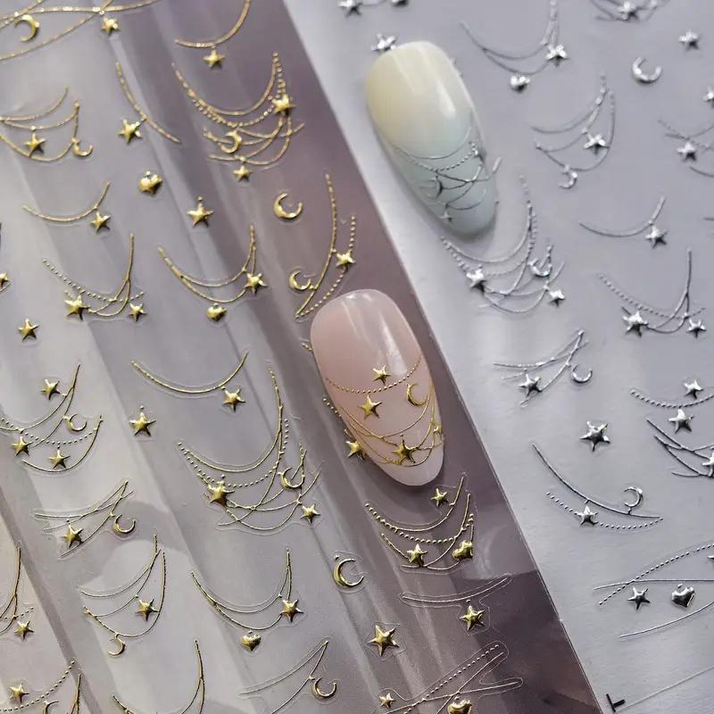 5D French Star Moon Chains Nail Art Stickers Golden/Silvery Curved Lines,Starlight Nails Slider Self-Adhesive Manicure Decals