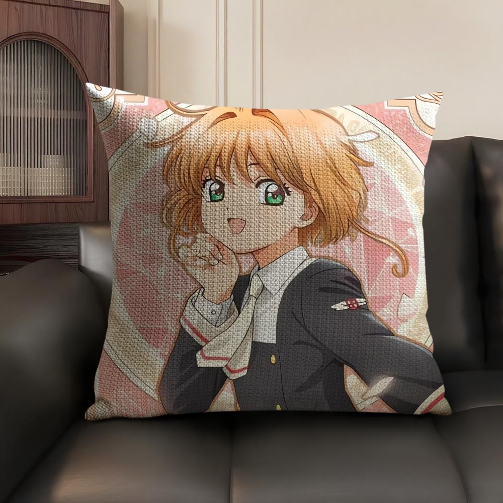 Anime C-Cardcaptor S-Sakura Pink Cushion Cover Natural Linen Organic Fabric Double-Sided Printing Sofa Home Decor Pillow Case
