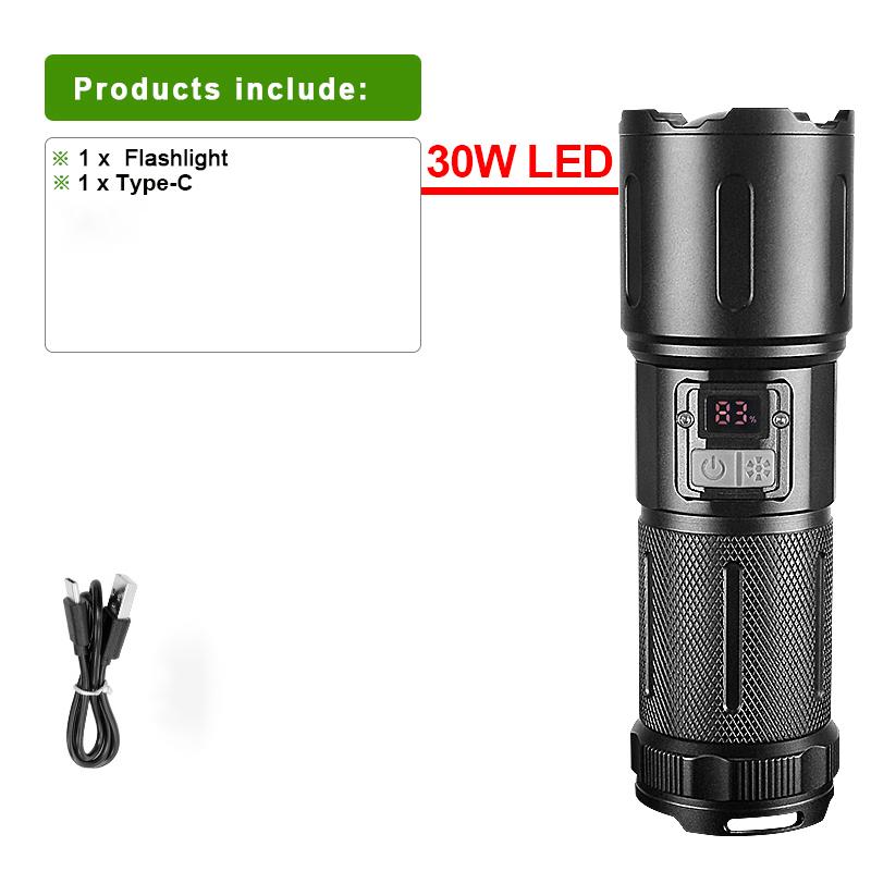 Ultra Bright Flashlight 30W LED Powerful Flash Light Rechargeable Torch COB Lamp Telescopic Zoom Hand Light Outdoor Lantern
