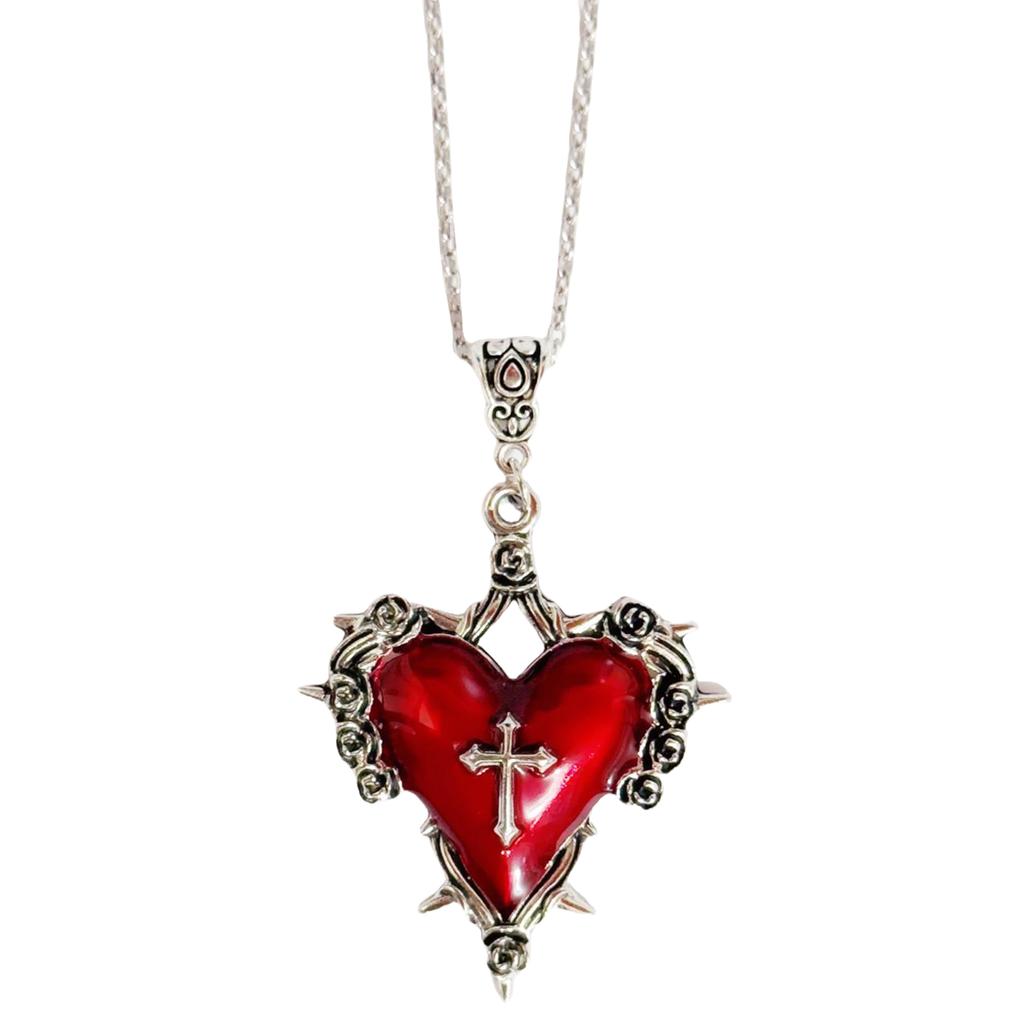 Gothic Thorn Red Heart Necklace Adornment Adjustable Alloy Clavicle Chain for Unique Style and Mystery Lovers